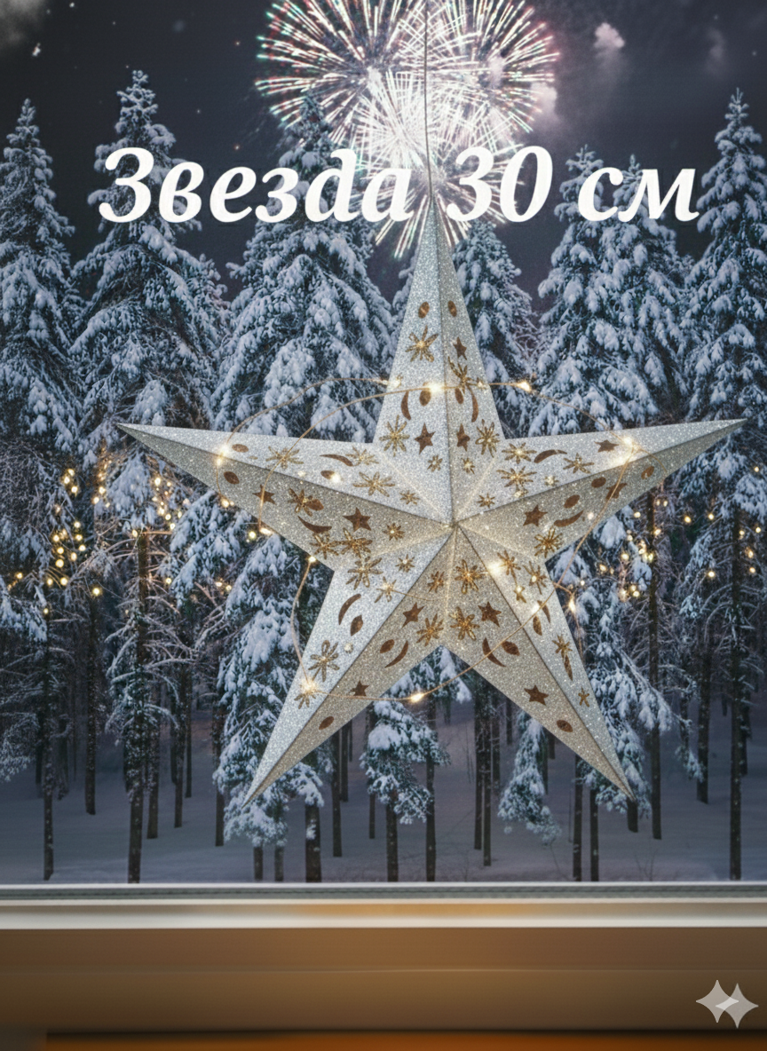Звезда бумажная сборная с подсветкой  декор для дома  подвесная звезда серебристая 30 см