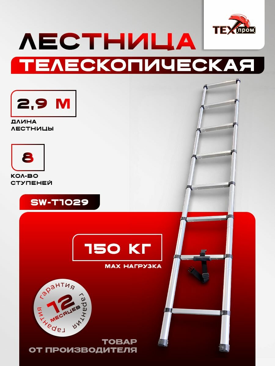 Лестница Техпром SW-T1029, алюминий, телескопическая, нескользящие ножки, 2,9 м