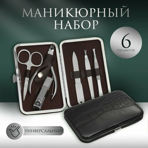 маникюрный набор по уходу за ногтями в кейсе серебристый Набор маникюрный, 6 предметов, в футляре, цвет чёрный