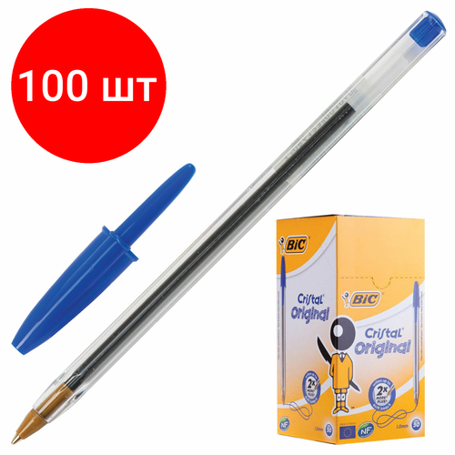 Комплект 100 шт, Ручка шариковая BIC Cristal, синяя, корпус прозрачный, узел 1 мм, линия письма 0.32 мм, 847898