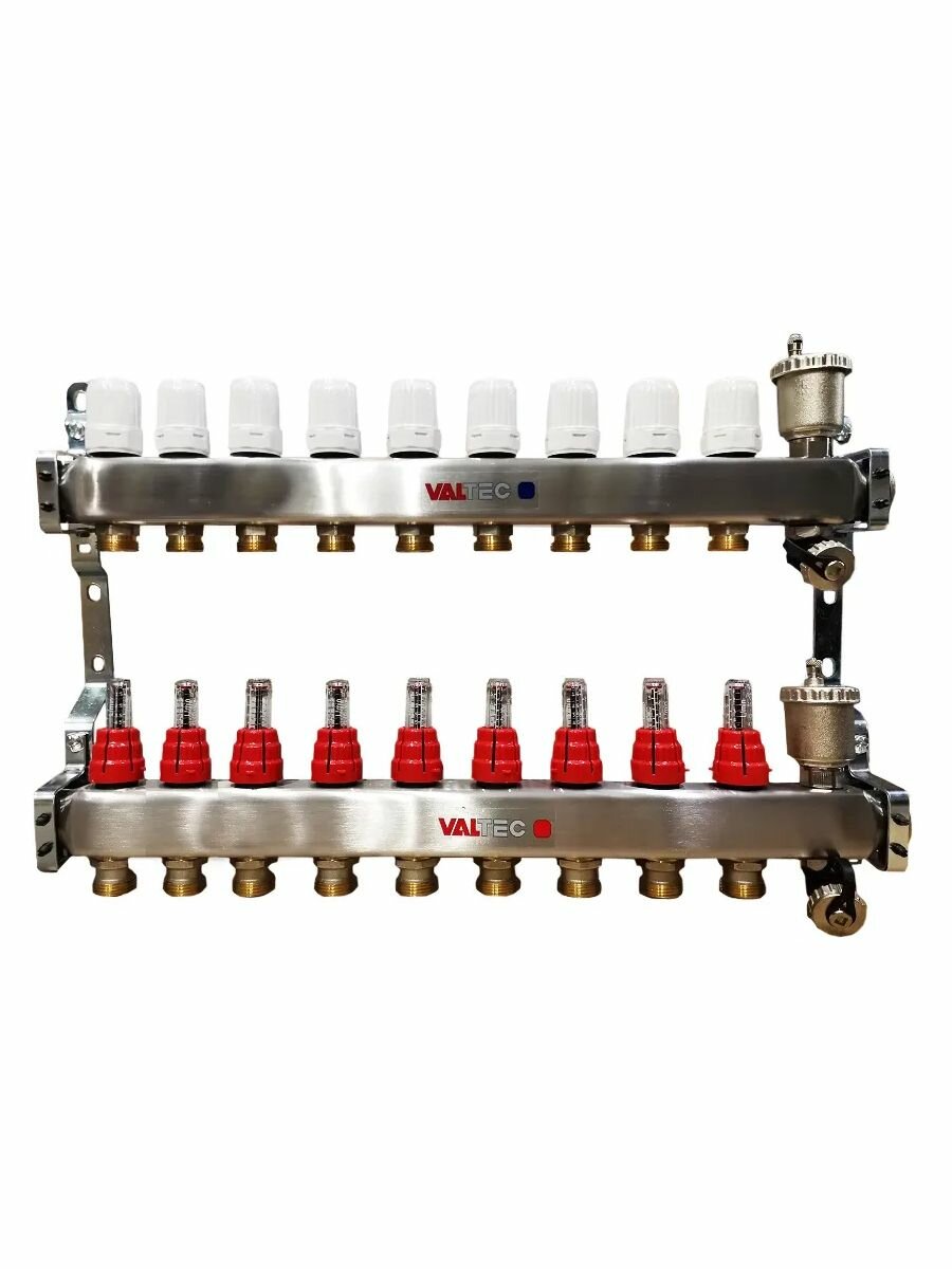 Коллекторная группа 1"х9 выходов Евроконус 3/4" с расходомерами, из нерж. стали Valtec VTc.586. EMNX.0609 - фото №6