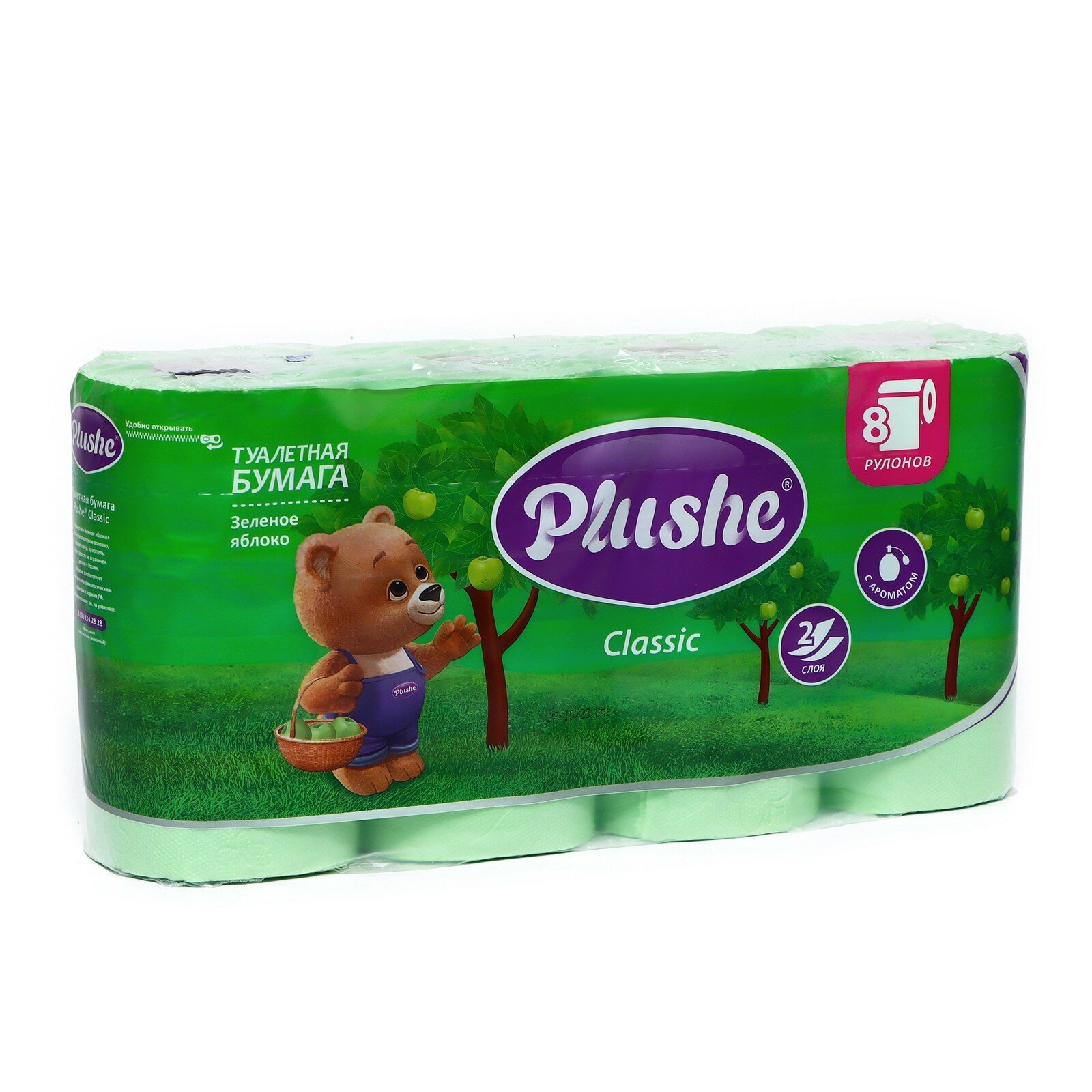 Туалетная Бумага Plushe Classic аромат зеленое яблоко, салатовая 2 слоя, 8 рулонов, 18 м — фото 1