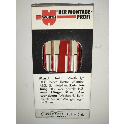 Пилки для лобзика WURTH 608 116 007 5 шт. Германия тип реза чистый по мягкая сталь(жесть) до 2мм, цветной металл и алюимнмй до 10мм.