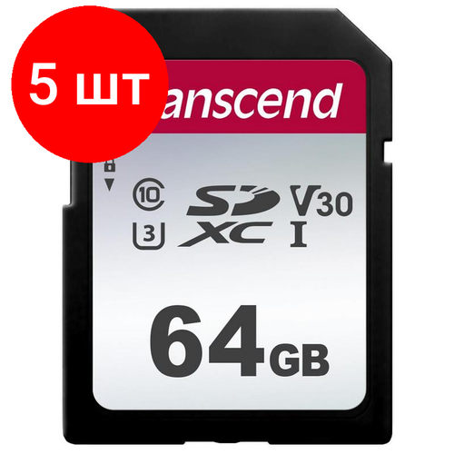 Комплект 5 штук, Карта памяти Transcend 300S SDXC 64Gb UHS-I Cl10, TS64GSDC300S карта памяти transcend microsdxc 300s class 10 uhs i u1 64gb sd adapter ts64gusd300s a