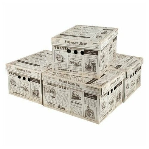 Короб для хранения из плотного микрогофрокартона 330х250х185 мм, комплект 4 шт, BRAUBERG HOME "Газета", 271814