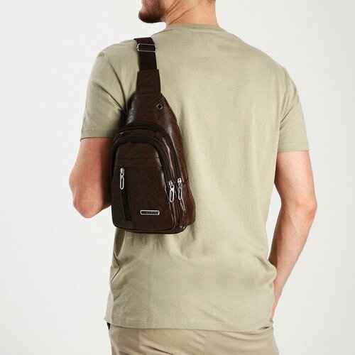 Сумка слинг мужская, искусственная кожа, отверстие для наушников, цвет коричневый рюкзак слинг на молнии 2 наружных кармана цвет хаки