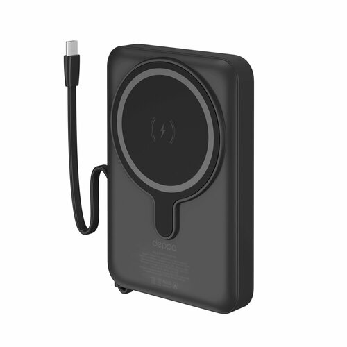 Внешний АКБ NRG MagSafe 10000 mAh, QI 15W, встроенный кабель, черный, Deppa, Deppa 33659 power bank j94 overlord 22 5w 75000 mah внешний аккумулятор с поддержкой быстрой зарядки power delivery quick charge 3 0 черный