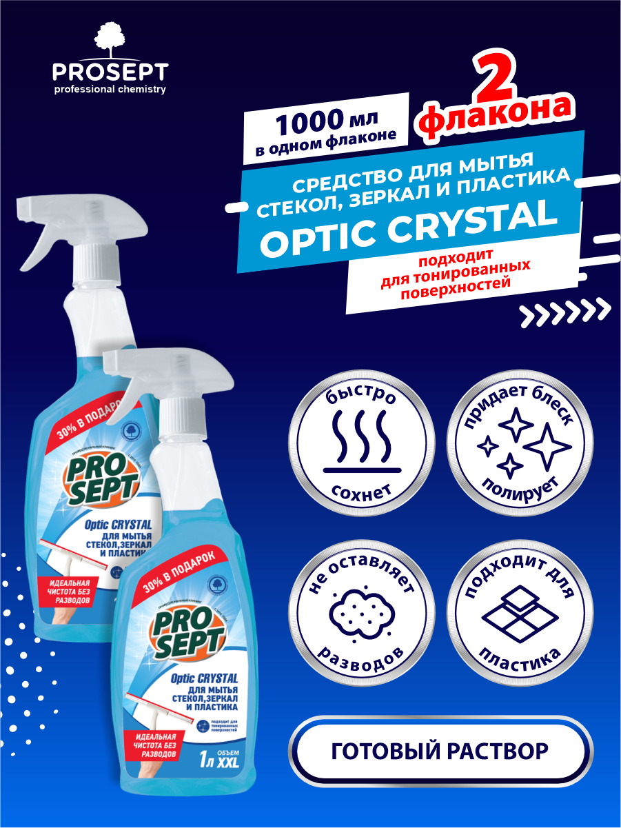 Средство для мытья стекол и зеркал PROSEPT Optic Crystal 1 литр спрей х 2 шт.