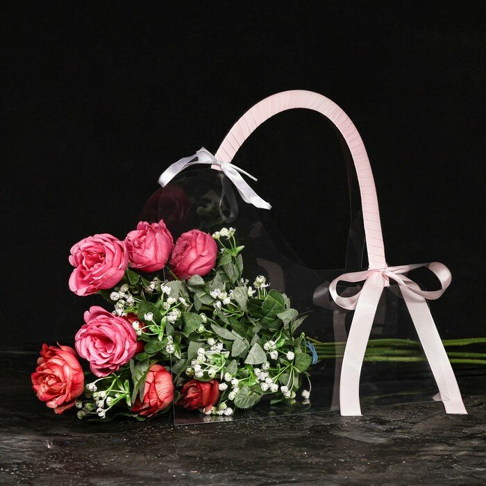 Переноска для цветов с лентой 30х25х12 см розовая (комплект из 6 шт)