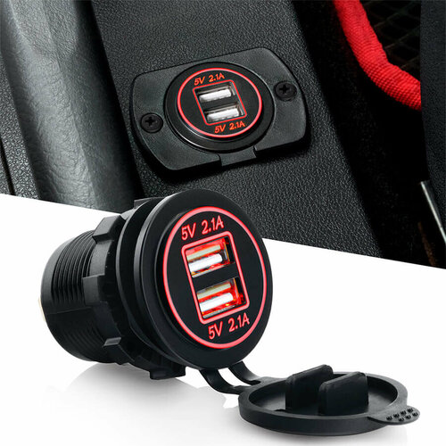 Разъем USB в авто врезной ElectroKot - розетка 2 USB х 2.1A красная подсветка