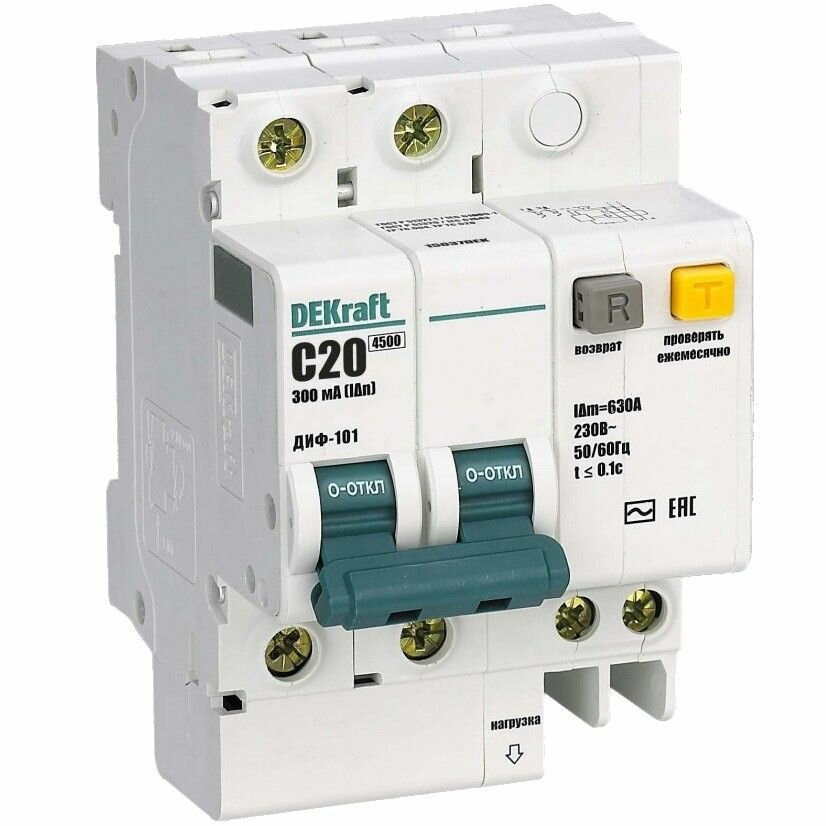 фото Автоматический выключатель дифференциального тока двухполюсный DEKraft ДИФ-101 40А, 300мА, тип AC, характеристика C
