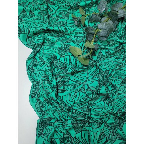 Ткань Интерлок Монстера на зеленом 100*180