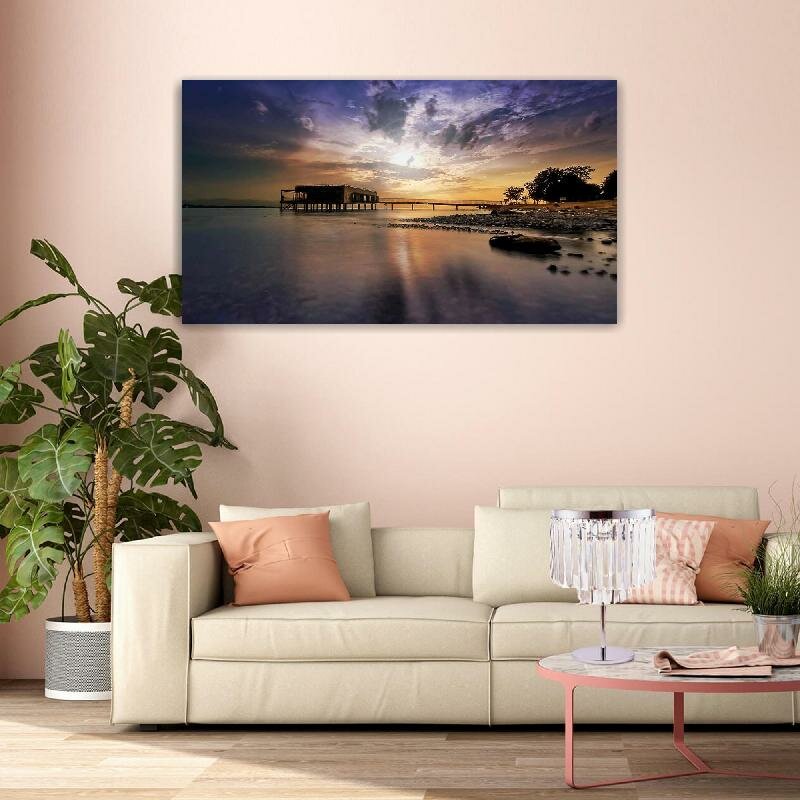 Картина на холсте 60x110 LinxOne "Ночь море небо причал" интерьерная для дома / на стену / на кухню / с подрамником