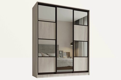 Изображение товара Шкаф купе, для одежды Линц 3, Легкомаркет, 160х45х220, белье/платье/белье, ясень шимо светлый, профиль коньяк, с зеркалом