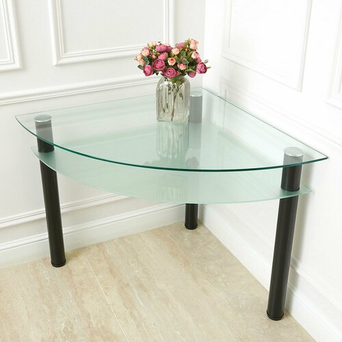 Угловой стол для кухни и гостинной с прозрачной столешницей и матовой полкой, три ножки цвет чёрный