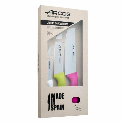 Набор из 3 кухонных ножей Niza, нержавеющая сталь Nitrum, Arcos, Испания, 818031 зеленый, розовый, белый