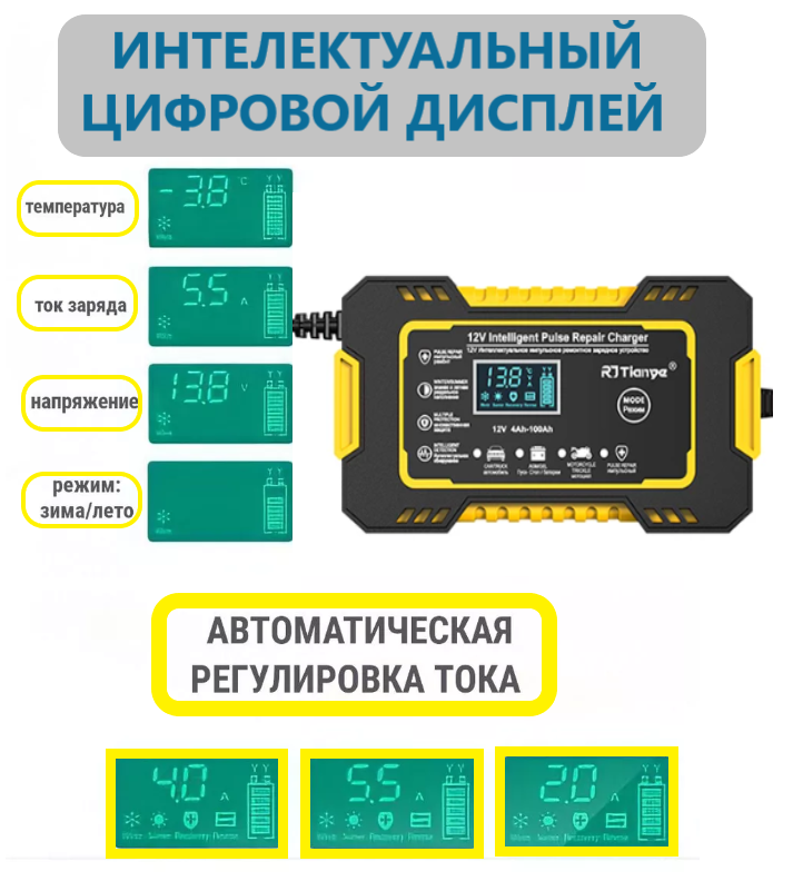 Автоматическое зарядное устройство 12В с функцией импульсного восстановления и ремонта / Yellow