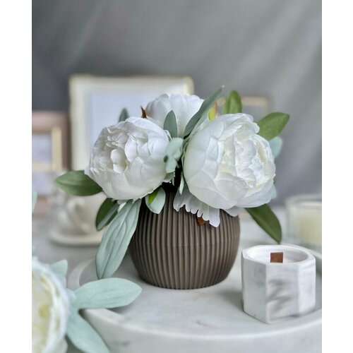 Искусственные пионы в кашпо / Искусственные цветы в горшке / Цветочная композиция для декора, 18 см, белый