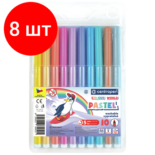 Комплект 8 шт, Фломастеры Centropen Colour World. Pastel, 10цв, 2мм, смываемые, блистер