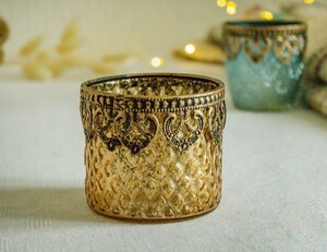 Подсвечник стакан под чайную свечу кармелита, стеклянный, прозрачный с золотом, 7 см, Goodwill FI10033