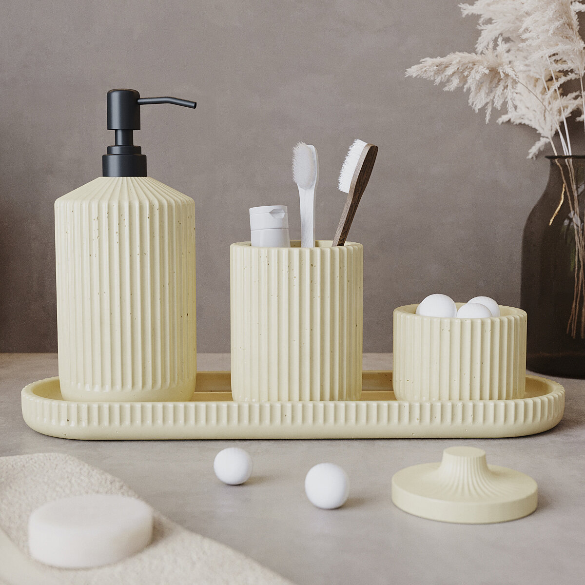 фото Набор для ванной Chloe 20 (поднос M, дозатор для мыла (b), емкость с крышкой XS, стакан для щёток), бетон, розовый матовый