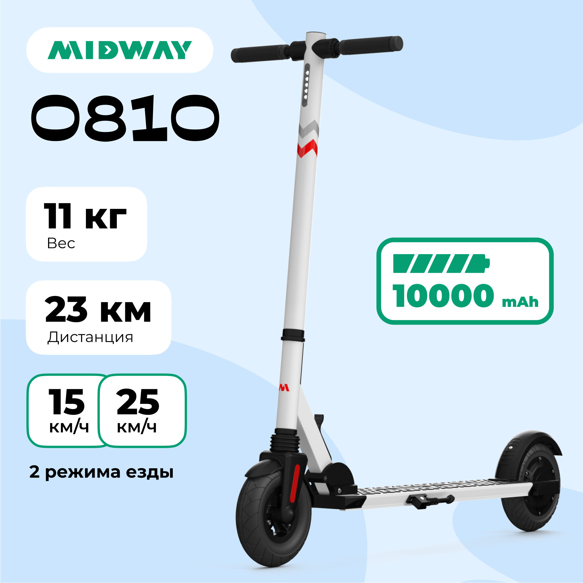 Электросамокат MIDWAY 0810 белый (240W, 10000 mAh, до 25 км/ч)