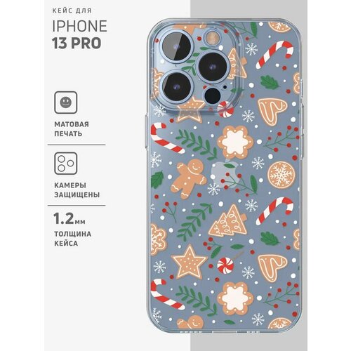 Чехол на iPhone 13 Pro / Айфон 13 Про прозрачный с принтом "Gingerbread pattern" красный, бежевый, зеленый