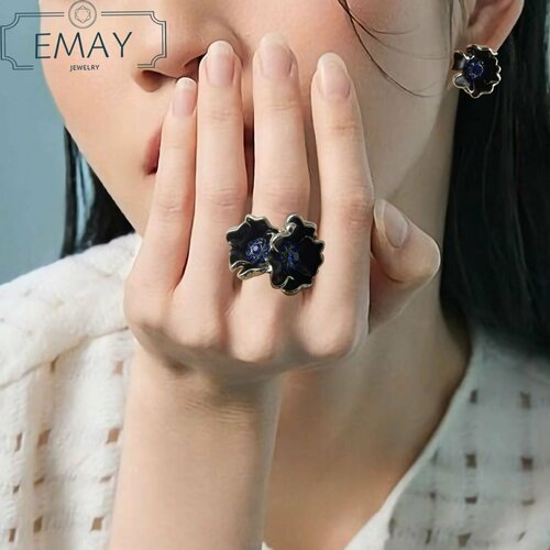 фото Кольцо emay, фианит, искусственный камень, размер 18, черный, синий
