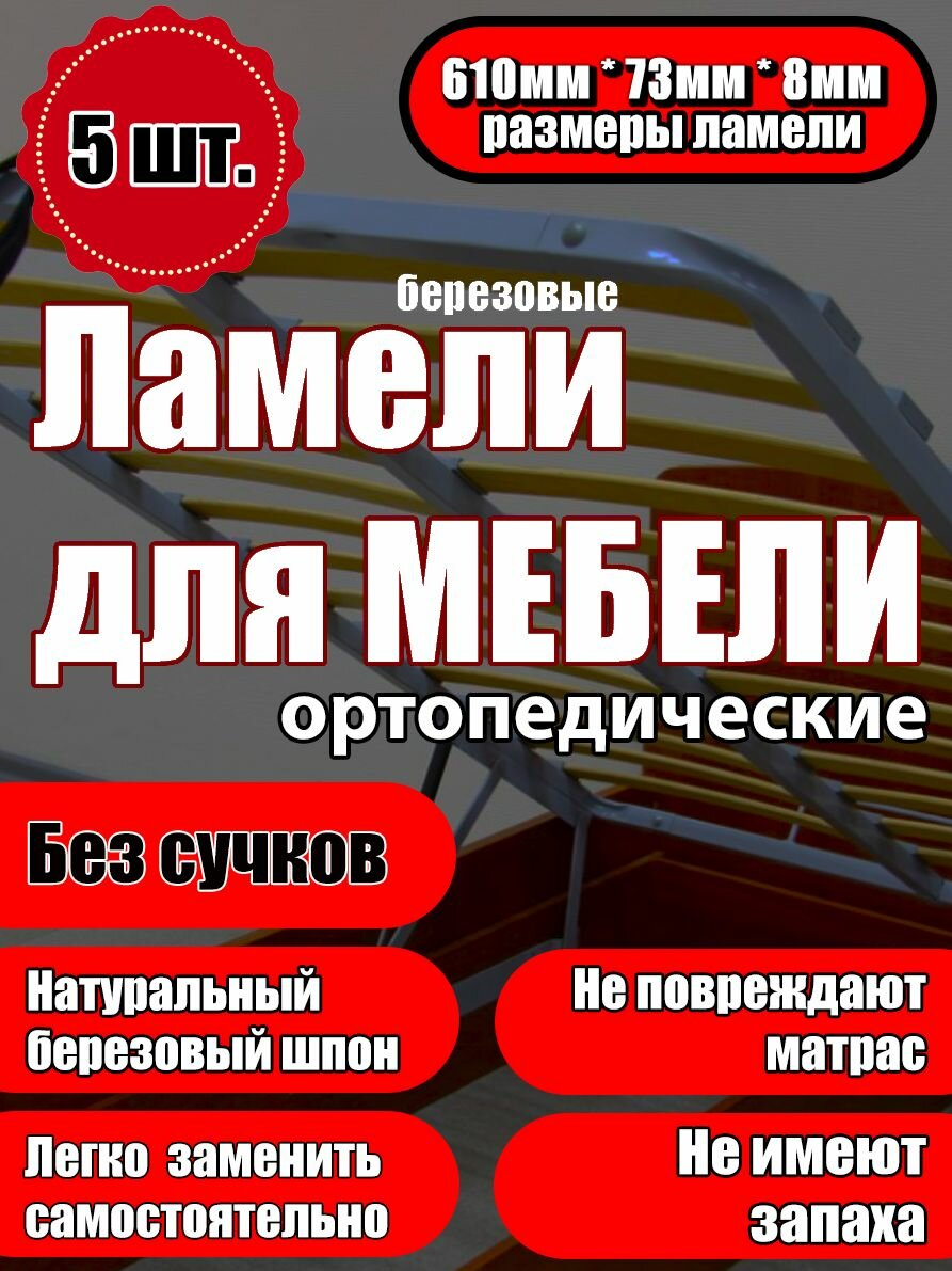 Ламель ортопедическая 610/73/8, гнутая, из березы, толщиной 8 мм - набор из 5 шт (Рейки для кровати дивана раскладушки, деревянные)