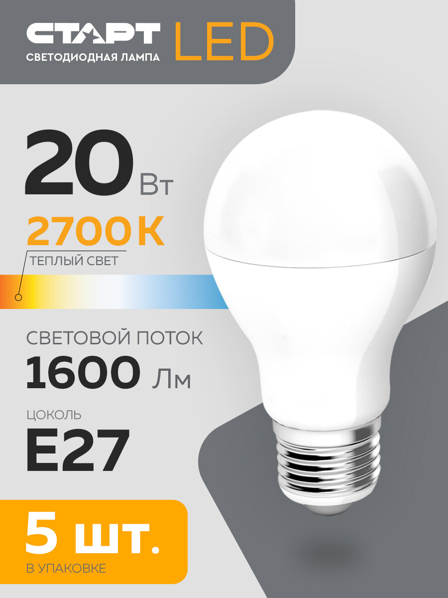 Набор ламп старт LEDGLSE27 20W 2700K, 5 шт.