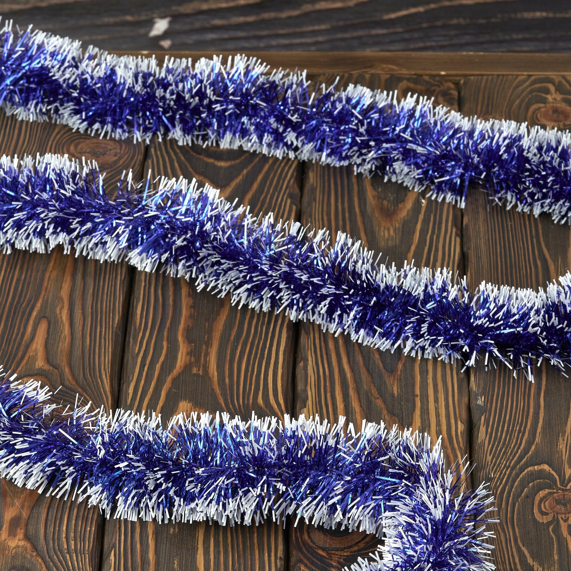 Мишура с инеем новогодняя на елку, для праздника, длина 2,2 метра, большой диаметр, цвет синий