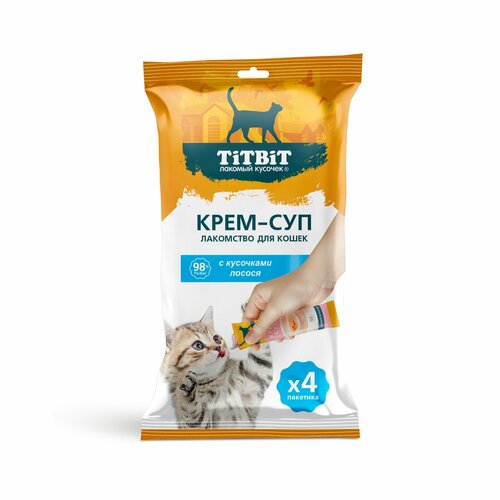 Лакомство для кошек TiTBiT Крем-суп с кусочками лосося, 10г х 4 шт.