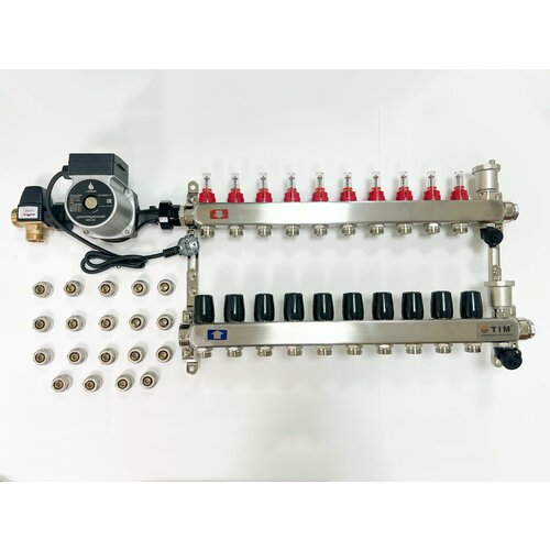 Комплект для водяного теплого пола с насосом (до 130 кв. м): Коллектор 11 выходов с расходомерами + термостатический клапан + насос