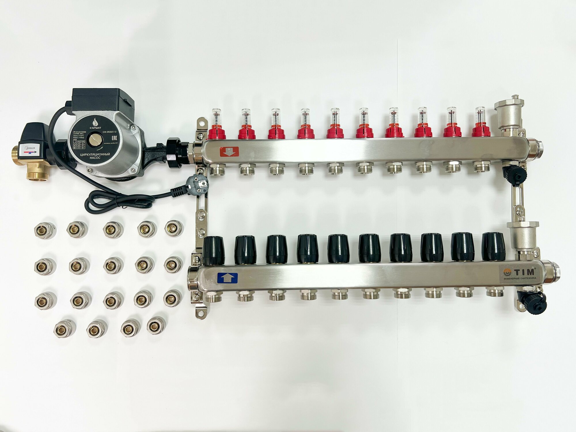 Комплект для водяного теплого пола с насосом (до 130 кв. м): Коллектор 11 выходов с расходомерами + термостатический клапан + насос