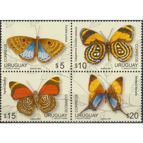 Почтовые марки Уругвай 2007г. Местные бабочки Бабочки MNH почтовые марки уругвай 2007г исторический уругвай выпуск 1994 года с доплатой история почты mnh