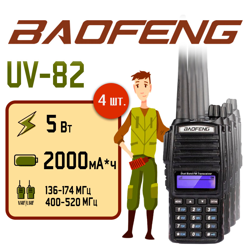 Портативная радиостанция Baofeng UV-82 5 Вт / Черная комплект 10 шт. и радиус до 10 км / UHF; VHF