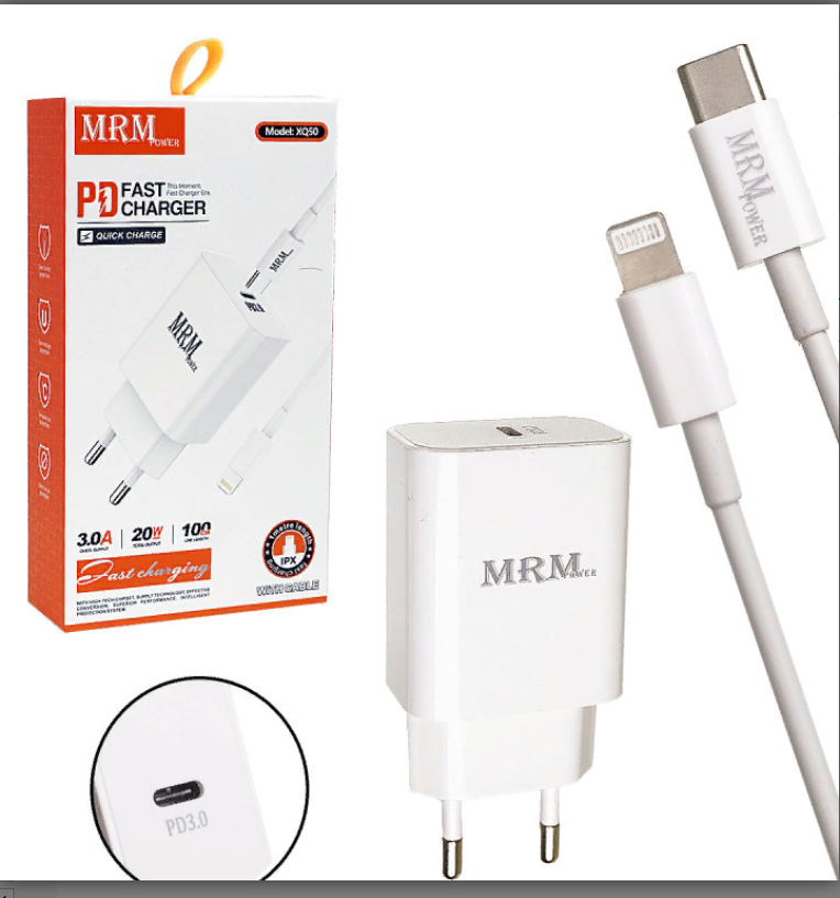 Сетевое зарядное устройство MRM XQ50 PD 20W с кабелем Type-C to Lightning 1м (White)