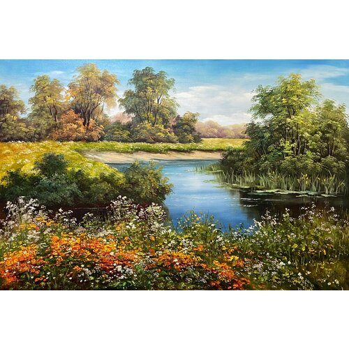 80х120 см! Масло/холст. 100% живопись. Художественная мастерская Грëзы. Летний пейзаж. Река. Большая картина!