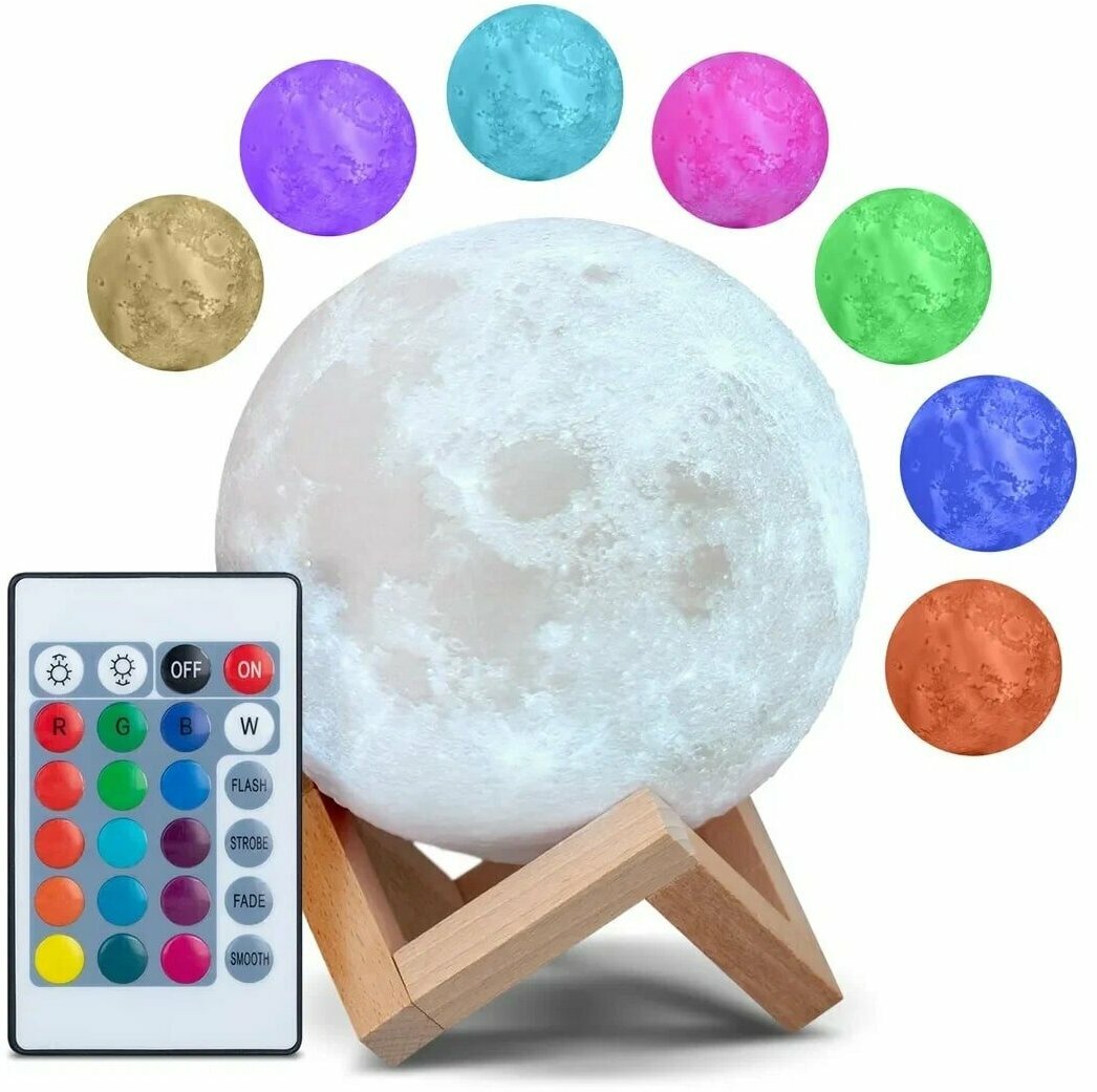 Светильник-ночник 3D шар Луна , на деревянной подставке с пультом управления, 15 см - фотография № 4