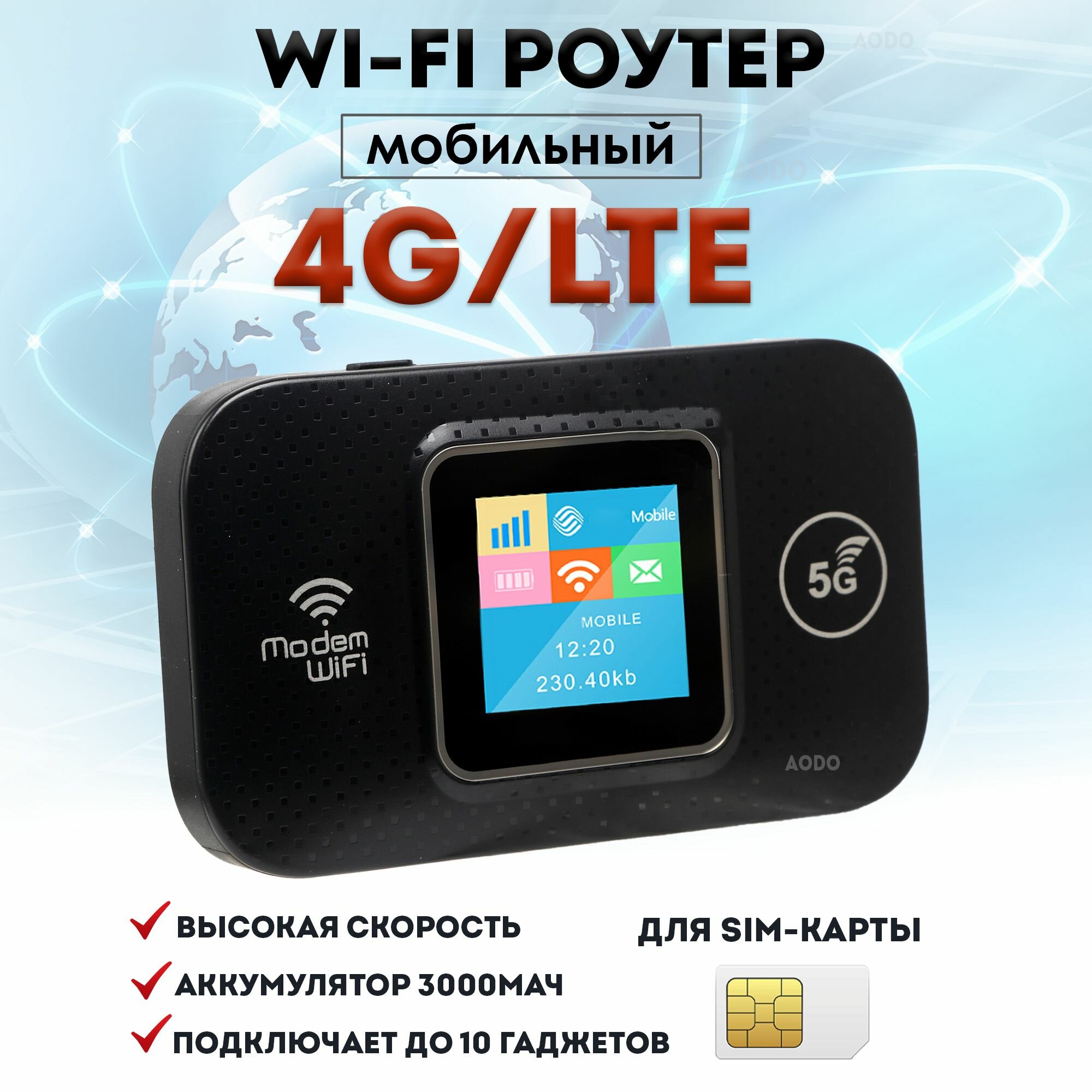 WI-FI роутер, мобильный модем 4G для сим карты AODO