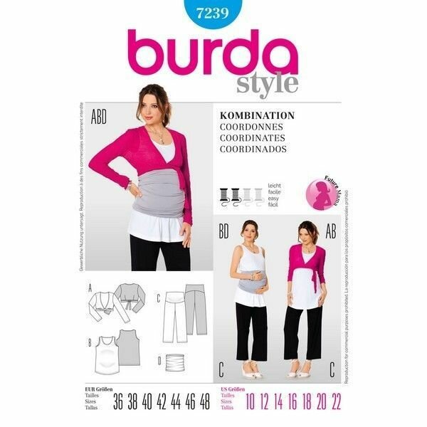 Выкройка Burda 7239-Комплект: Топ Болеро Брюки (для будущей мамы)