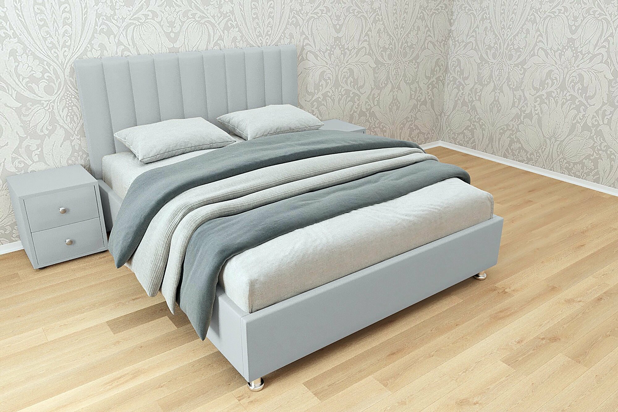 Полутороспальная кровать Челси 140x200 с подъемным механизмом и с коробом для белья велюр серый ножки 13 см хром