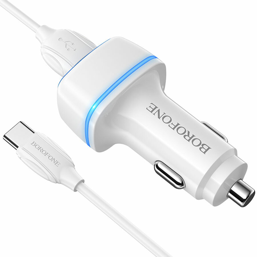 Автомобильное зарядное устройство BOROFONE BZ14 Max, 2xUSB с Кабелем USB - Type-C, 2.4A, белый