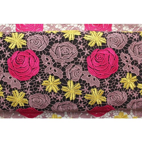 Ткань Кружевное макраме с цветочным рисунком в жёлтом, лиловом и ярко-розовом цвете, ш122см, 0,5 м
