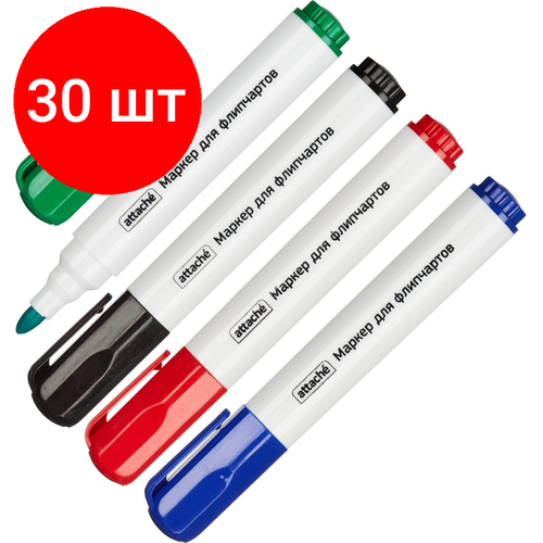 Комплект 30 наб, Набор маркеров для флипчартов по бумаге ATTACHE набор 4цв, 2-3мм кругл нак