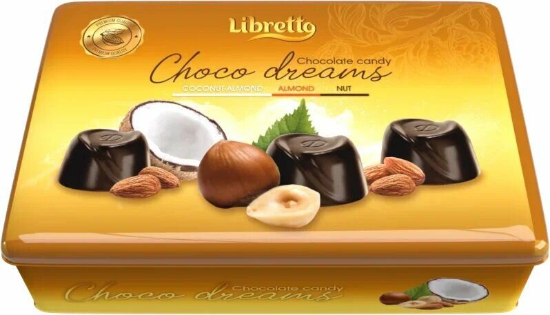 Набор шоколадных конфет Либретто в молочном шоколаде с начинками: кокос-миндаль, миндальный крем, ореховый крем 200 гр