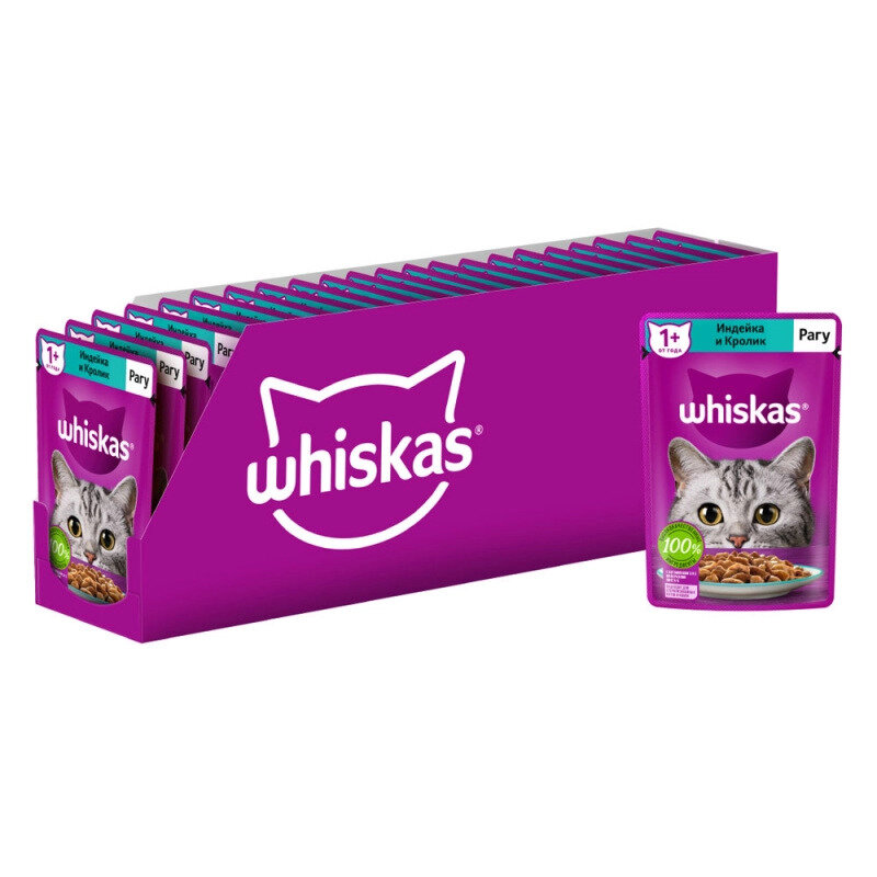 Влажный корм Whiskas для взрослых кошек, рагу с индейкой и кроликом, 75 г х 28 шт