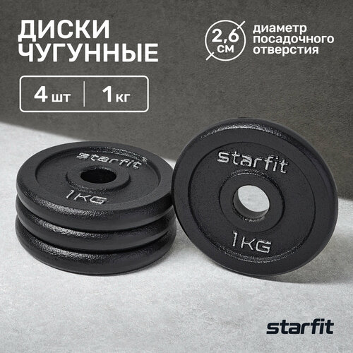 Диск чугунный STARFIT BB-204 1 кг, d=26 мм, черный, 4 шт. диск чугунный starfit bb 204 1 кг d 26 мм черный 2 шт