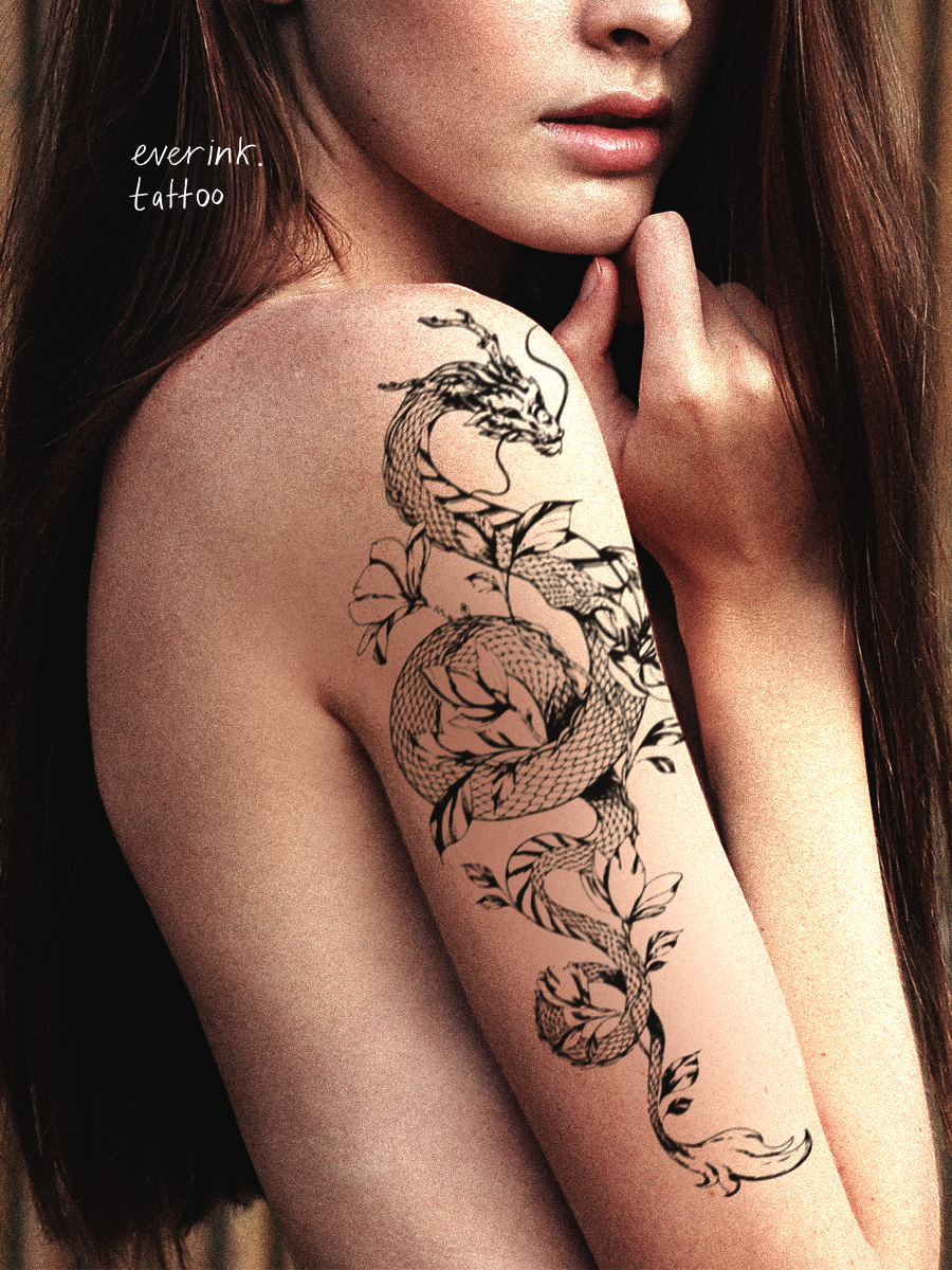 Временная татуировка "Большой цветочный дракон" на 14 дней Everink tattoo