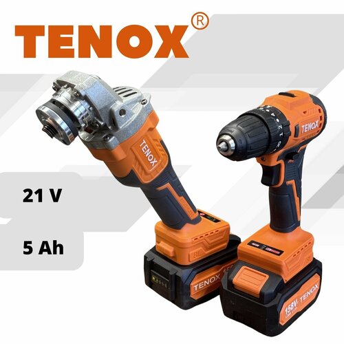 TENOX 2 в 1 кейсе, Набор бесщеточных аккумуляторных инструментов болгарка УШМ, шуруповерт ударный, 2 АКБ LI-ION, 5 Ач